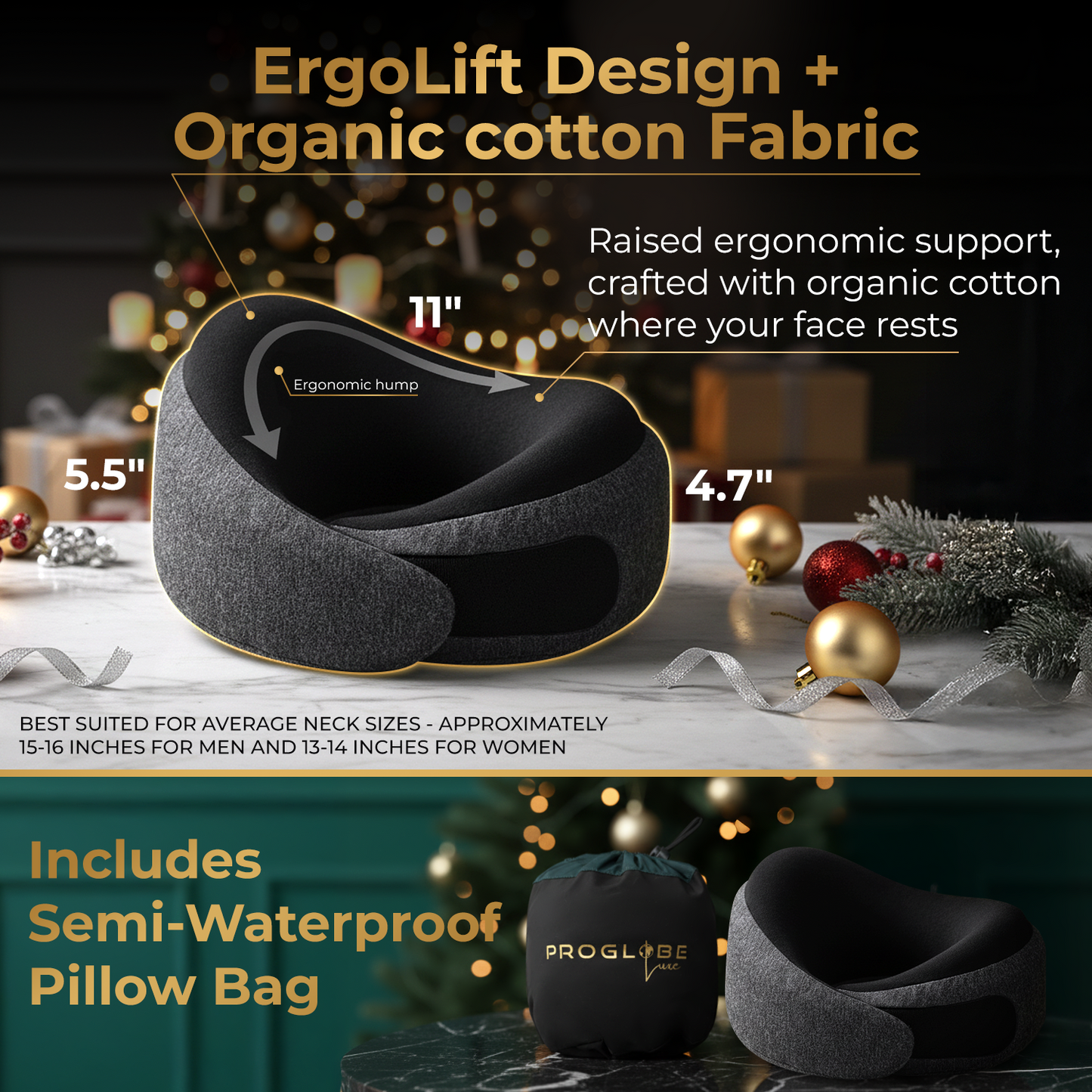 Proglobe Charcoal Black Memory Foam Travel Neck Pillow for Airplanes – Lightweight Ergonomic Chin Support Pillow with Compression Bag