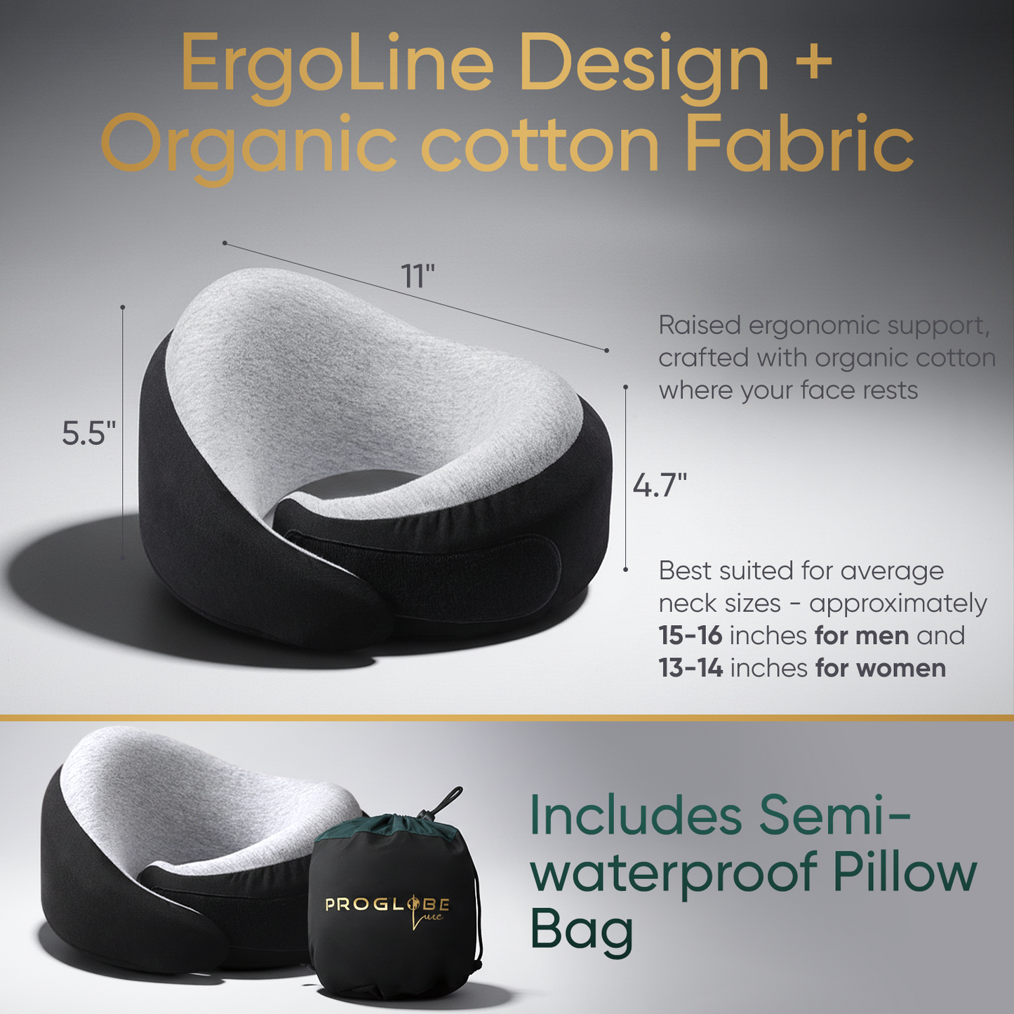 Proglobe Charcoal Black Memory Foam Travel Neck Pillow for Airplanes – Lightweight Ergonomic Chin Support Pillow with Compression Bag