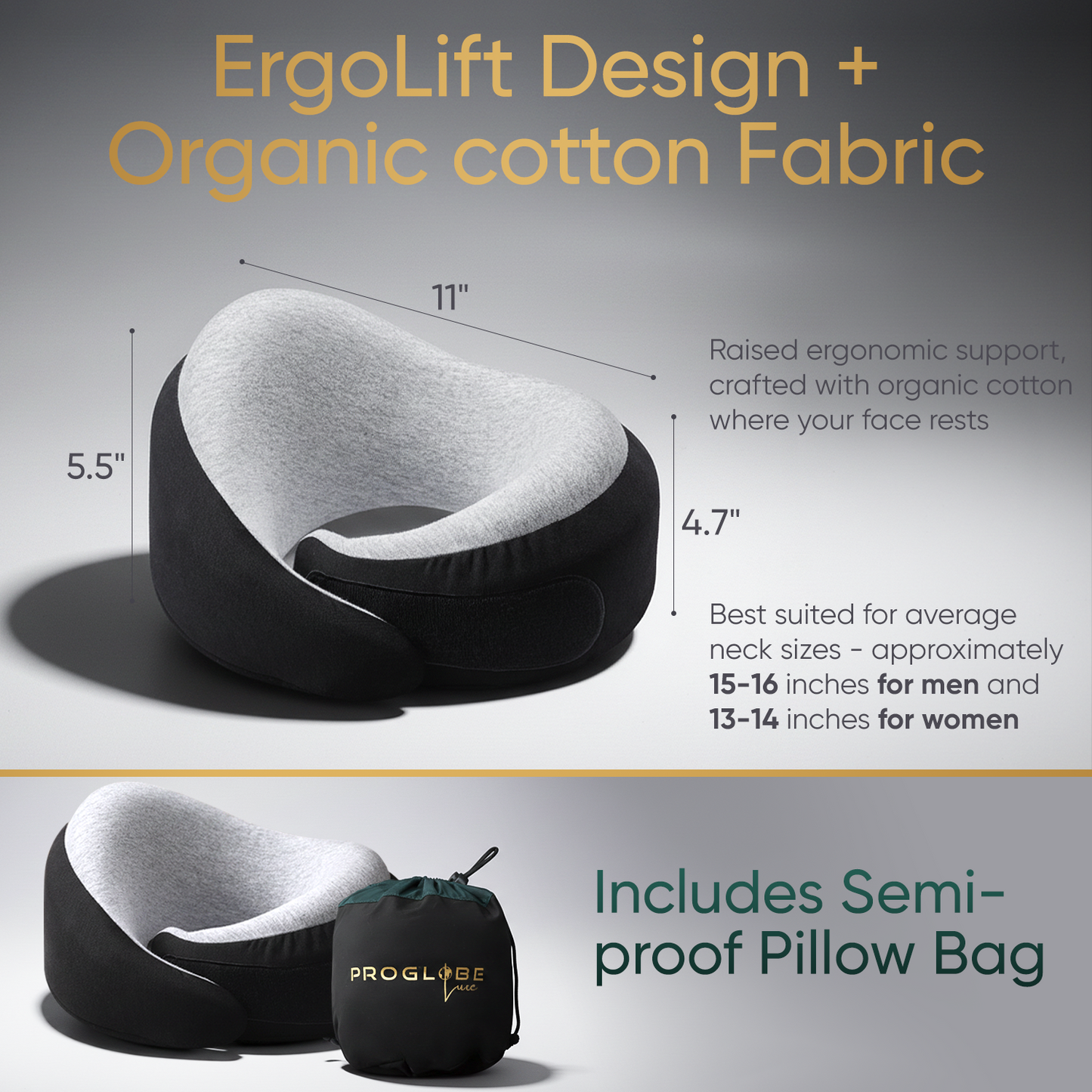 Proglobe Charcoal Black Memory Foam Travel Neck Pillow for Airplanes – Lightweight Ergonomic Chin Support Pillow with Compression Bag