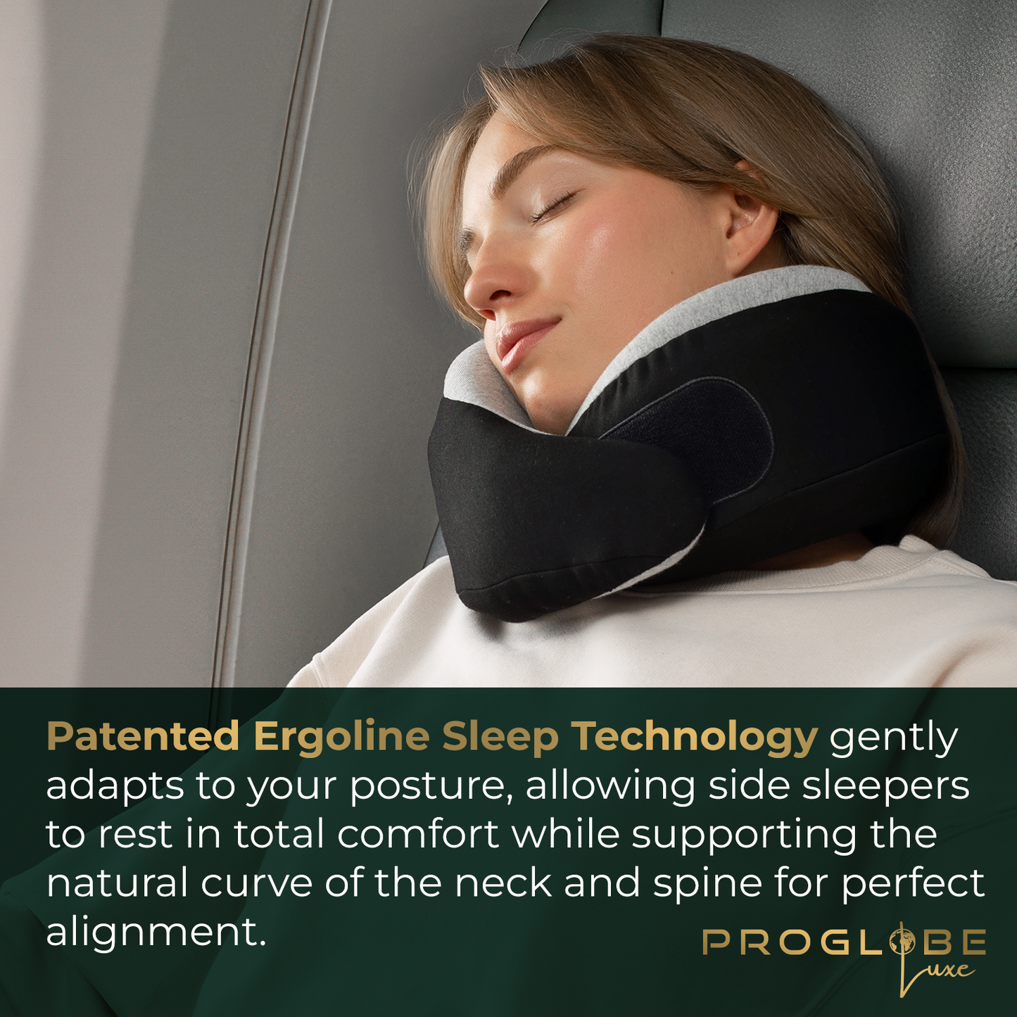 Proglobe Charcoal Black Memory Foam Travel Neck Pillow for Airplanes – Lightweight Ergonomic Chin Support Pillow with Compression Bag