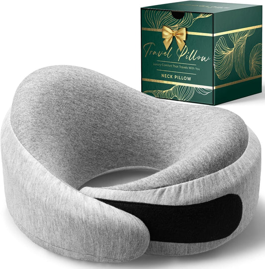 Proglobe Luxe memory foam travel neck pillow in Light Gray with compression bag