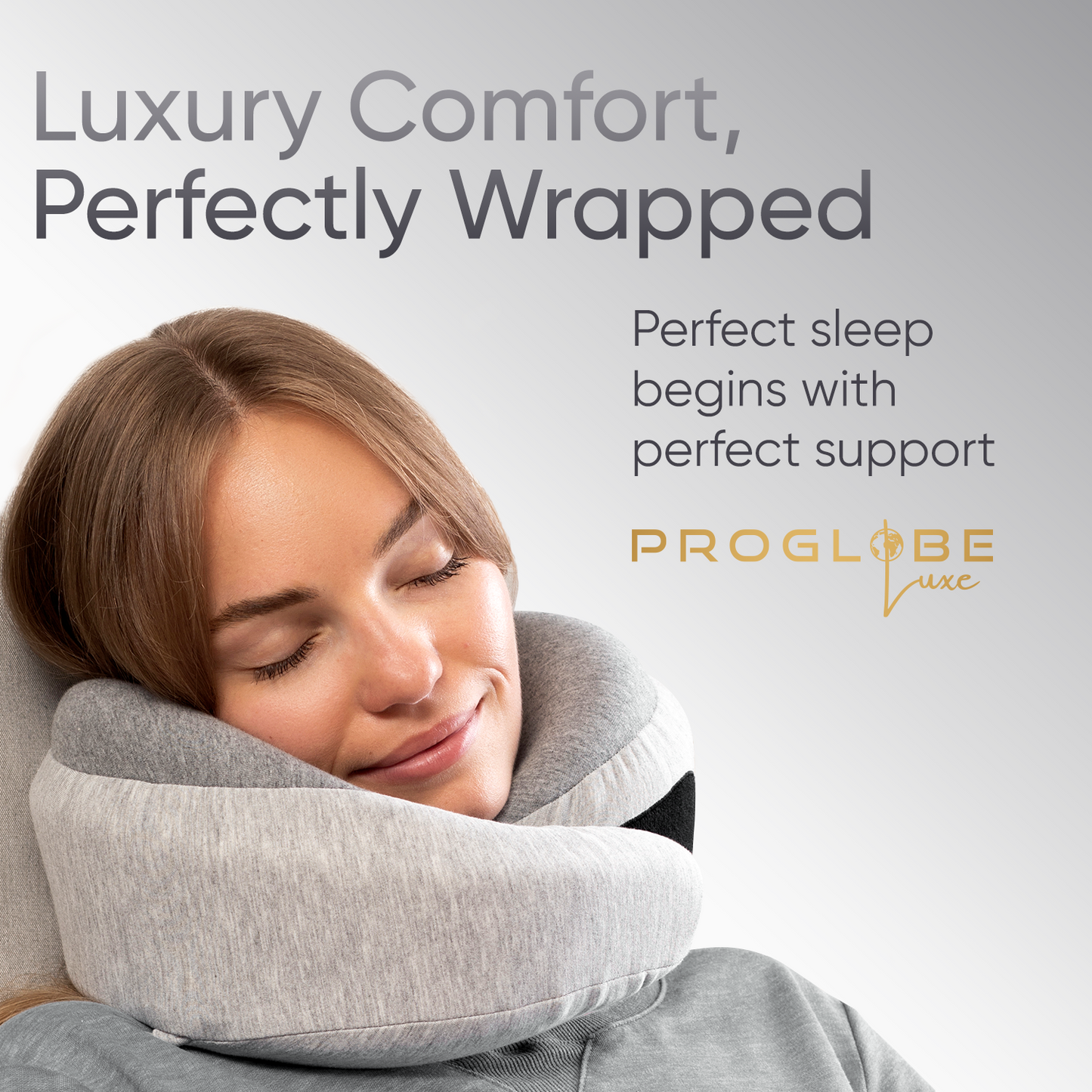 Proglobe Light Gray Memory Foam Travel Neck Pillow for Airplanes – Lightweight Ergonomic Chin Support Pillow with Compression Bag
