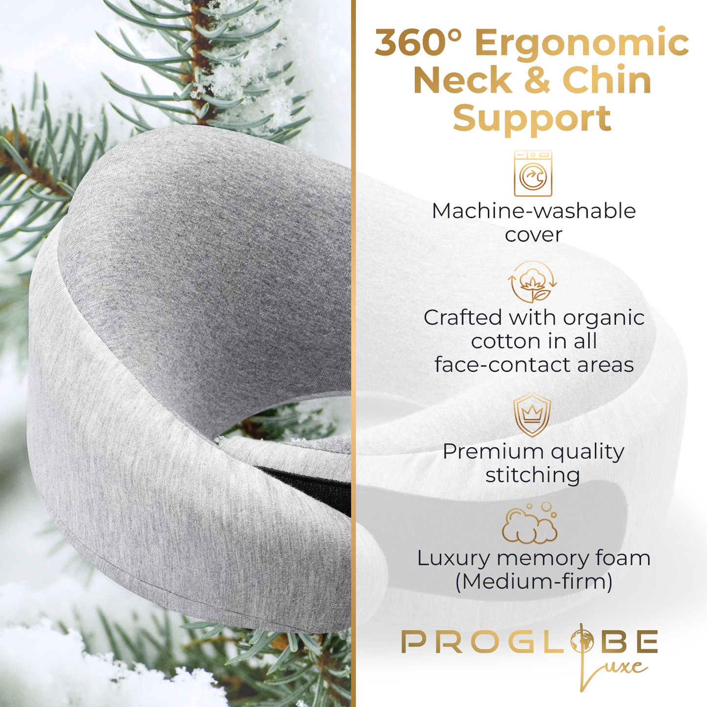 Proglobe Light Gray Memory Foam Travel Neck Pillow for Airplanes – Lightweight Ergonomic Chin Support Pillow with Compression Bag