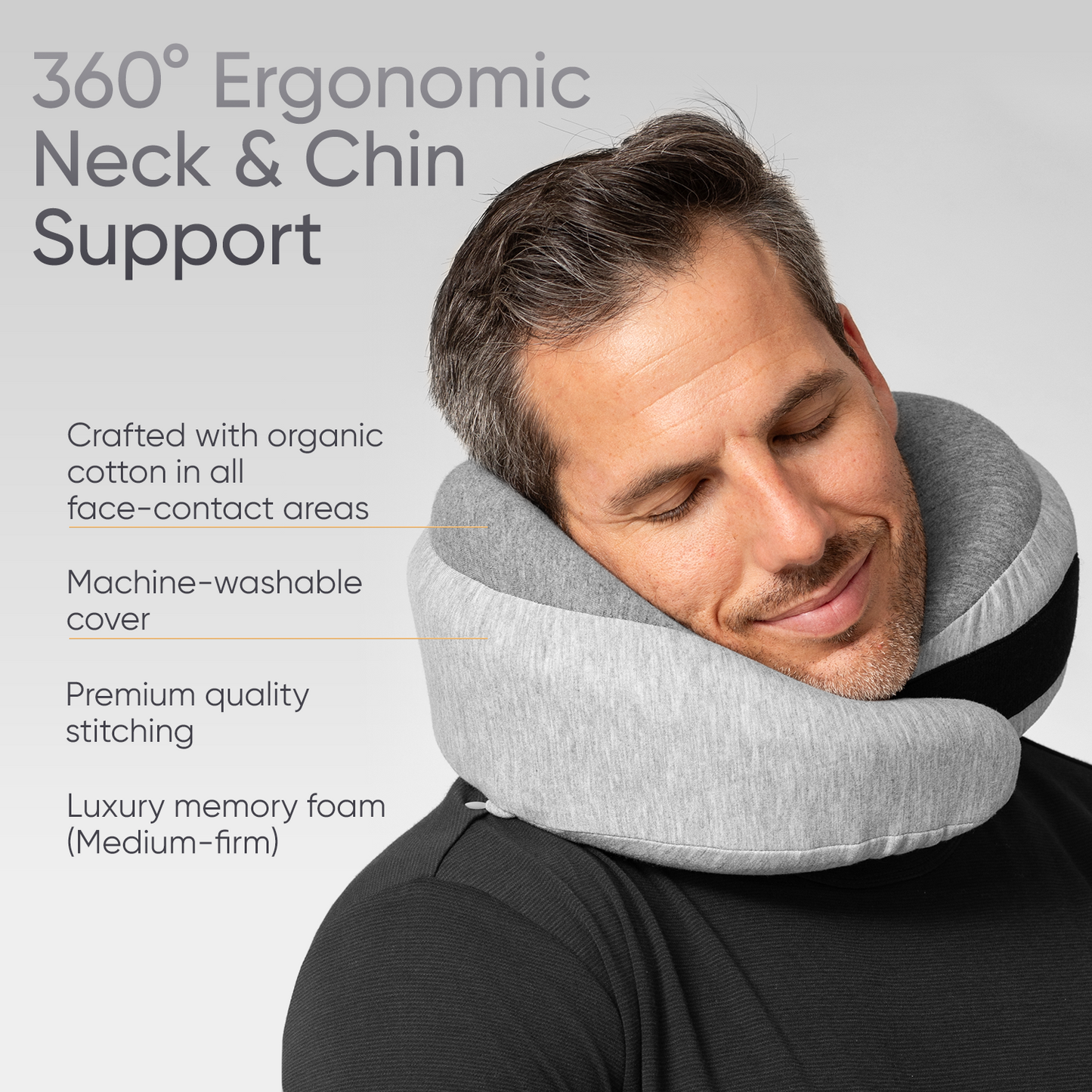 Proglobe Light Gray Memory Foam Travel Neck Pillow for Airplanes – Lightweight Ergonomic Chin Support Pillow with Compression Bag