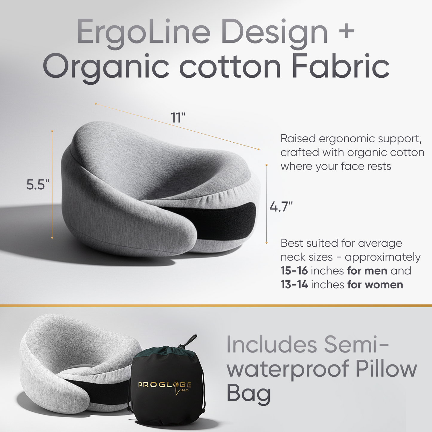 Proglobe Light Gray Memory Foam Travel Neck Pillow for Airplanes – Lightweight Ergonomic Chin Support Pillow with Compression Bag