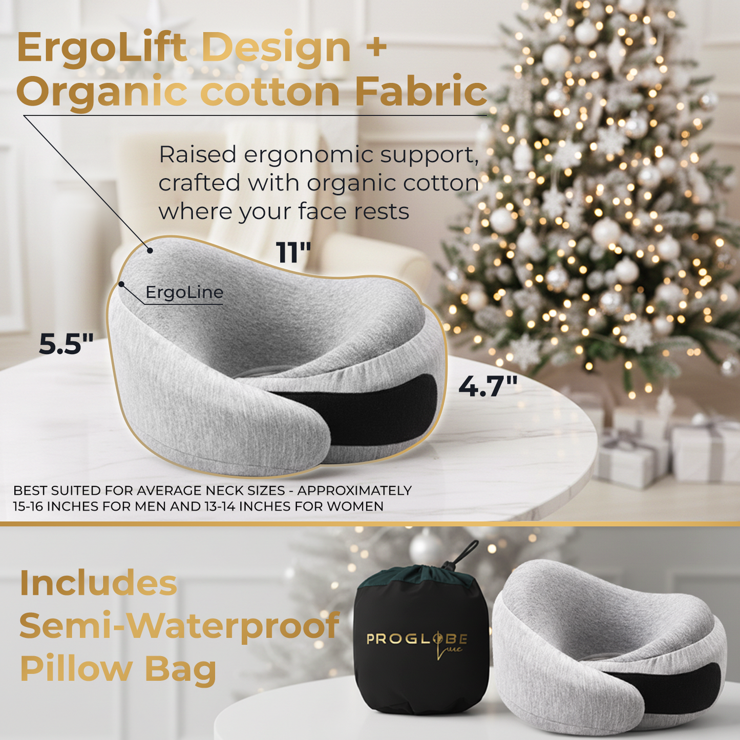Proglobe Light Gray Memory Foam Travel Neck Pillow for Airplanes – Lightweight Ergonomic Chin Support Pillow with Compression Bag