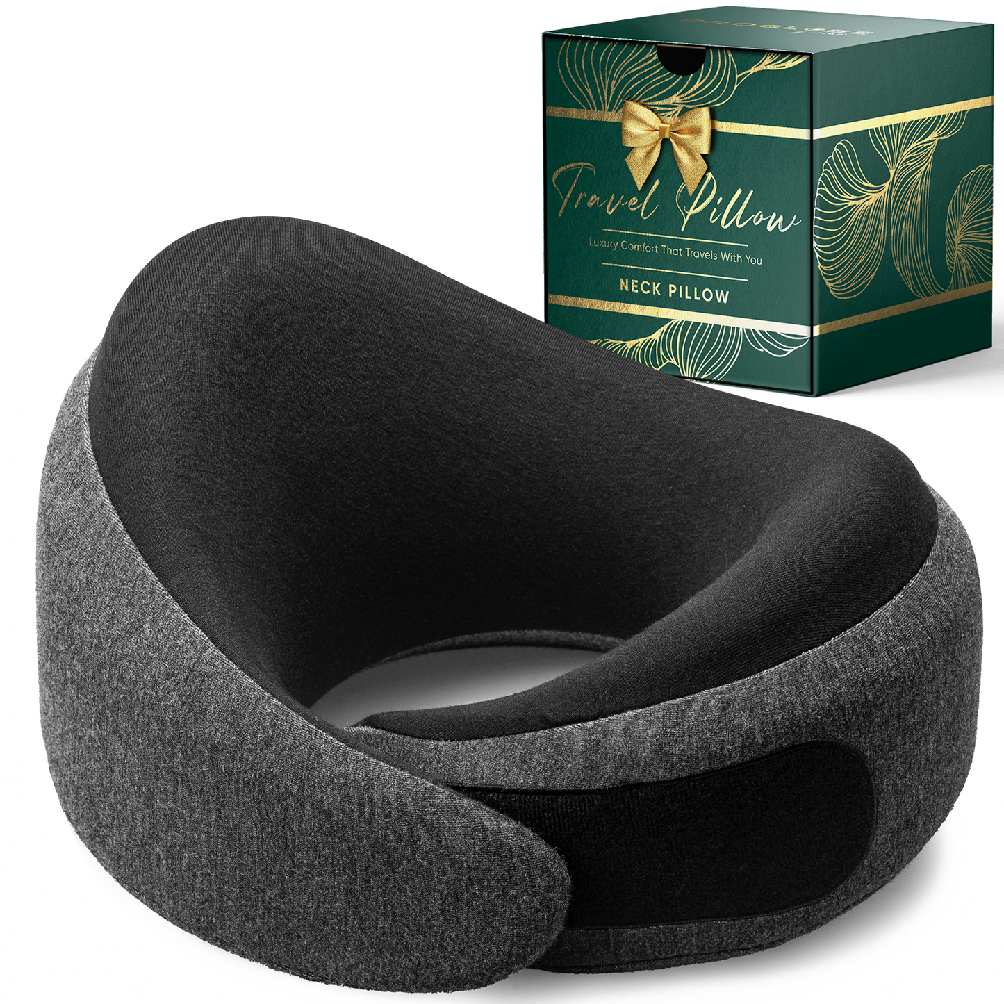 Ash Black Memory Foam Luxe Travel Neck Pillow for Airplanes – Lightweight Ergonomic Chin Support Pillow with Compression Bag for Long Flights