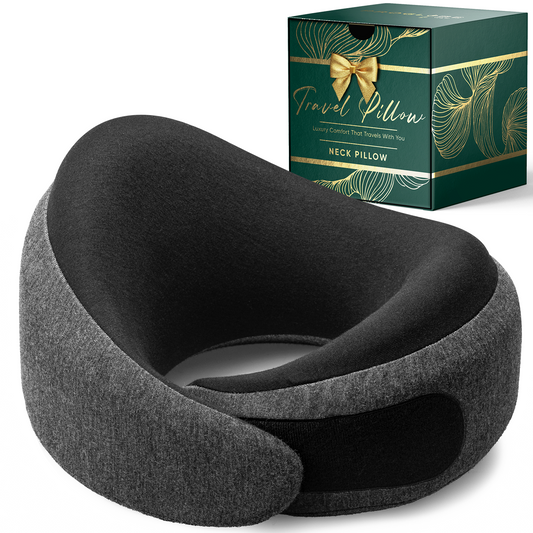 Ash Black Memory Foam Luxe Travel Neck Pillow for Airplanes – Lightweight Ergonomic Chin Support Pillow with Compression Bag for Long Flights