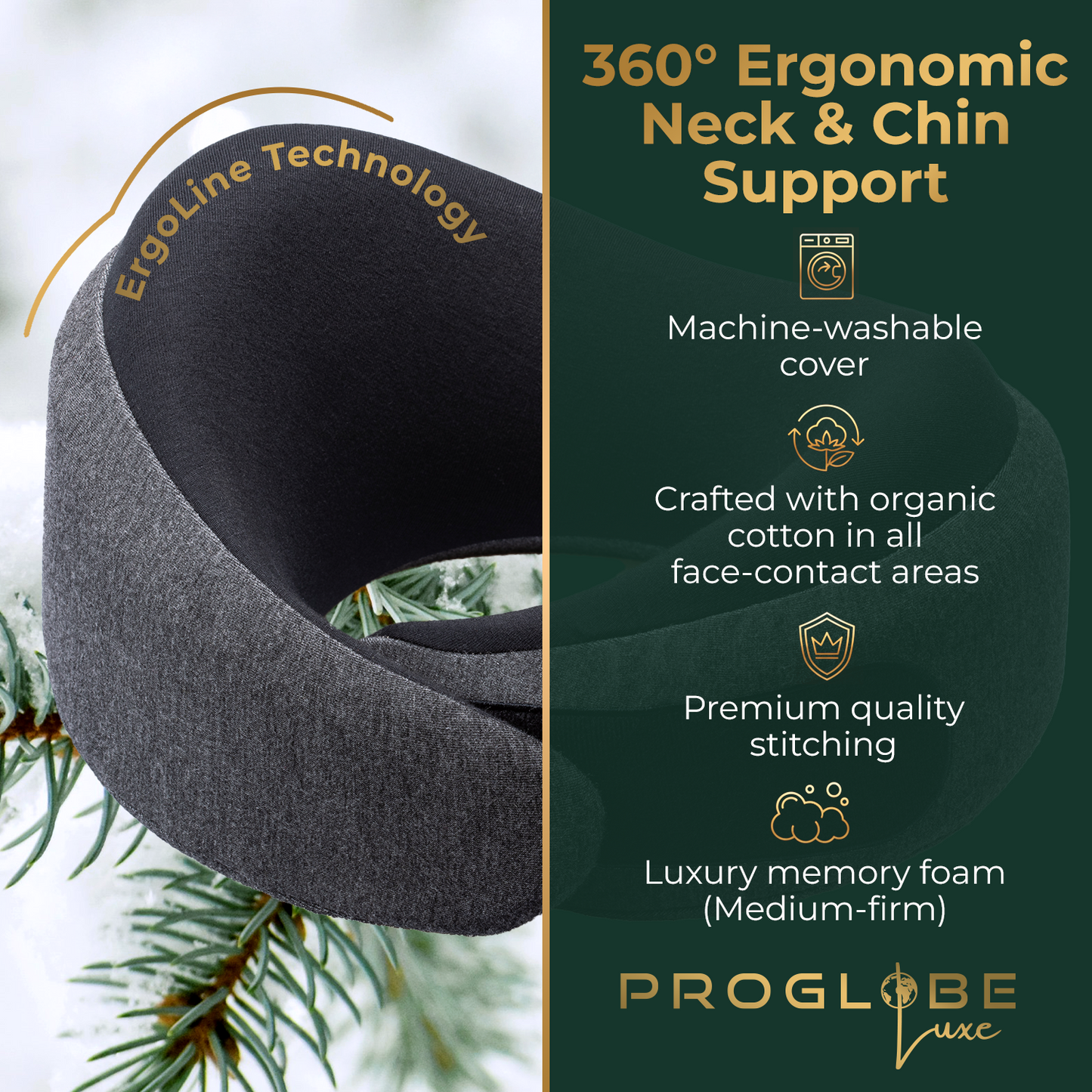 Ash Black Memory Foam Luxe Travel Neck Pillow for Airplanes – Lightweight Ergonomic Chin Support Pillow with Compression Bag for Long Flights