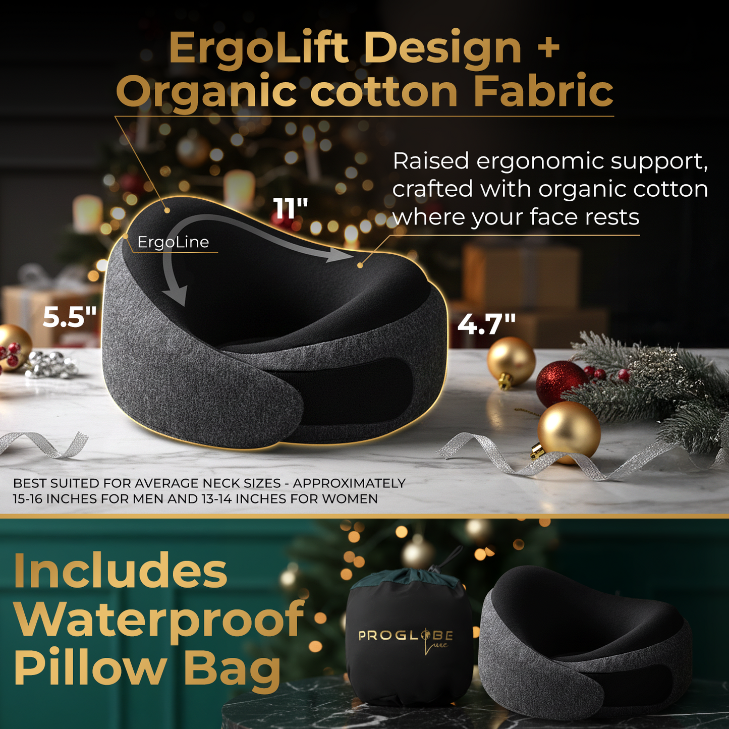 Ash Black Memory Foam Luxe Travel Neck Pillow for Airplanes – Lightweight Ergonomic Chin Support Pillow with Compression Bag for Long Flights