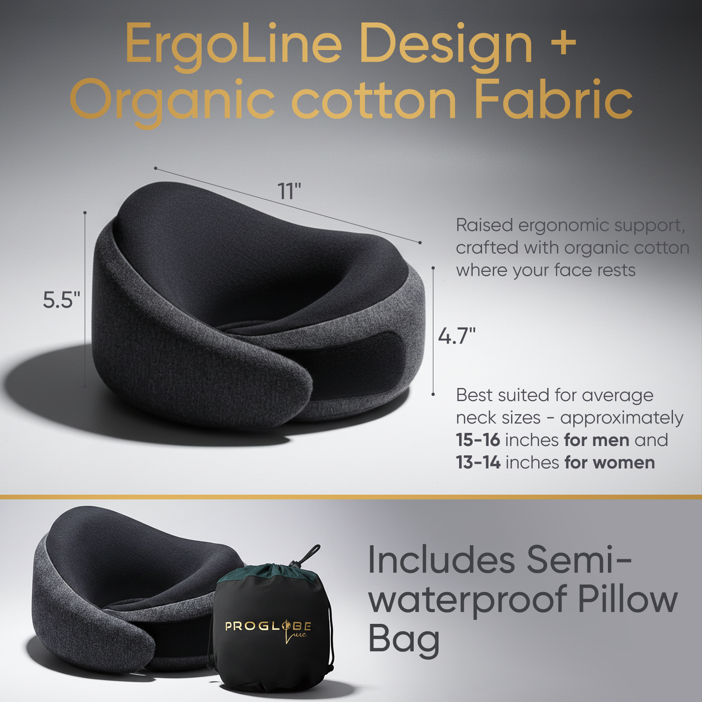 Ash Black Memory Foam Luxe Travel Neck Pillow for Airplanes – Lightweight Ergonomic Chin Support Pillow with Compression Bag for Long Flights