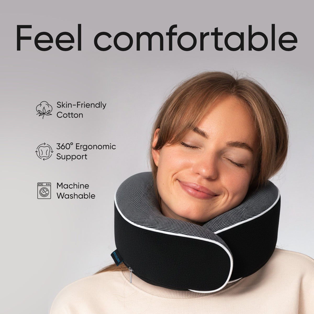 Proglobe Orthopedic Memory Foam Travel Neck Pillow Set – 360° Support Pillow with 3D Eye Mask, Earplugs & Luxury Mesh Carry Bag - Light Gray
