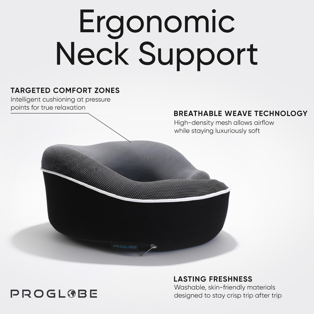 Proglobe Orthopedic Memory Foam Travel Neck Pillow Set – 360° Support Pillow with 3D Eye Mask, Earplugs & Luxury Mesh Carry Bag - Black