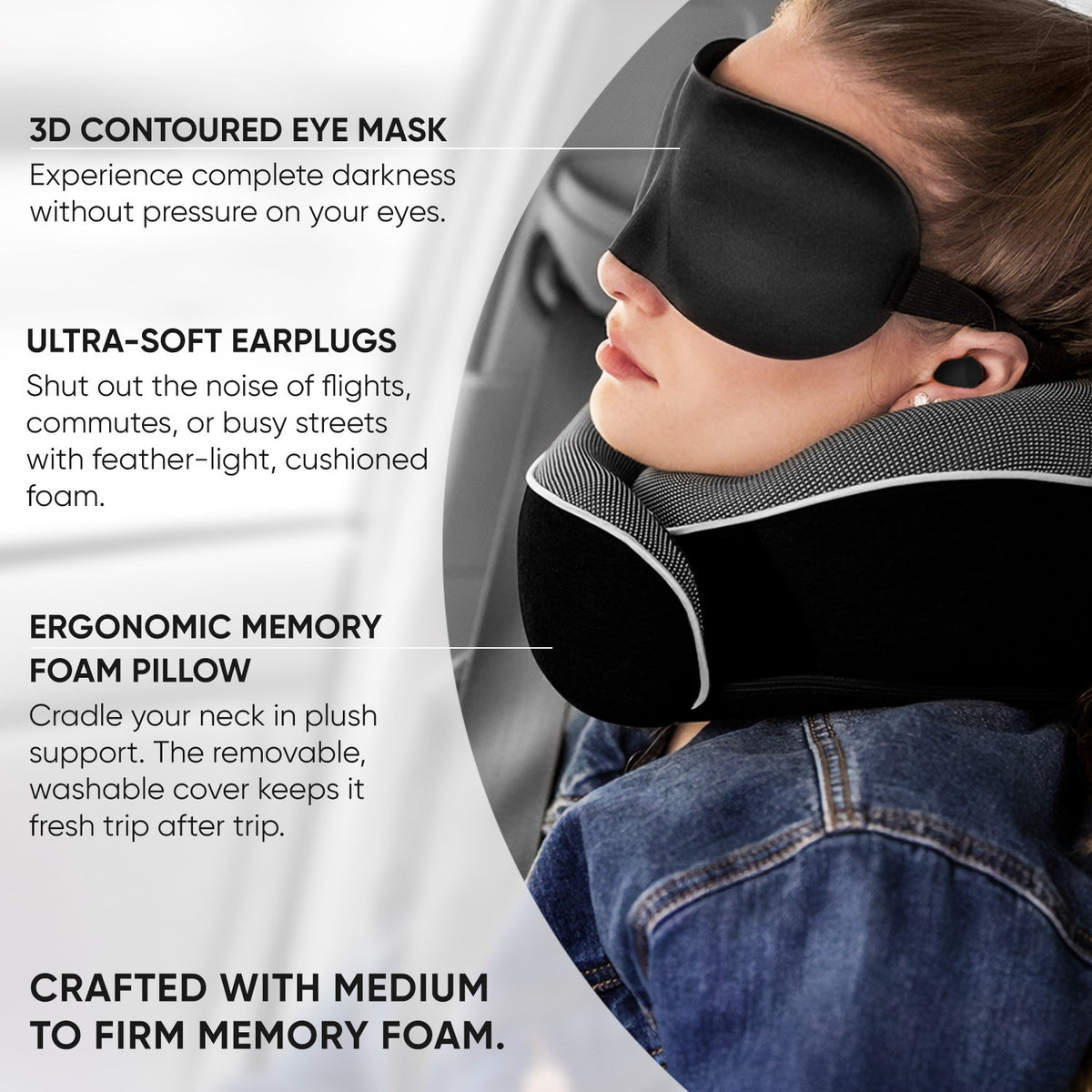 Proglobe Orthopedic Memory Foam Travel Neck Pillow Set – 360° Support Pillow with 3D Eye Mask, Earplugs & Luxury Mesh Carry Bag - Light Gray