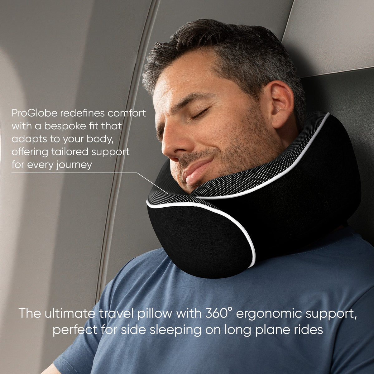 Proglobe Orthopedic Memory Foam Travel Neck Pillow Set – 360° Support Pillow with 3D Eye Mask, Earplugs & Luxury Mesh Carry Bag - Black