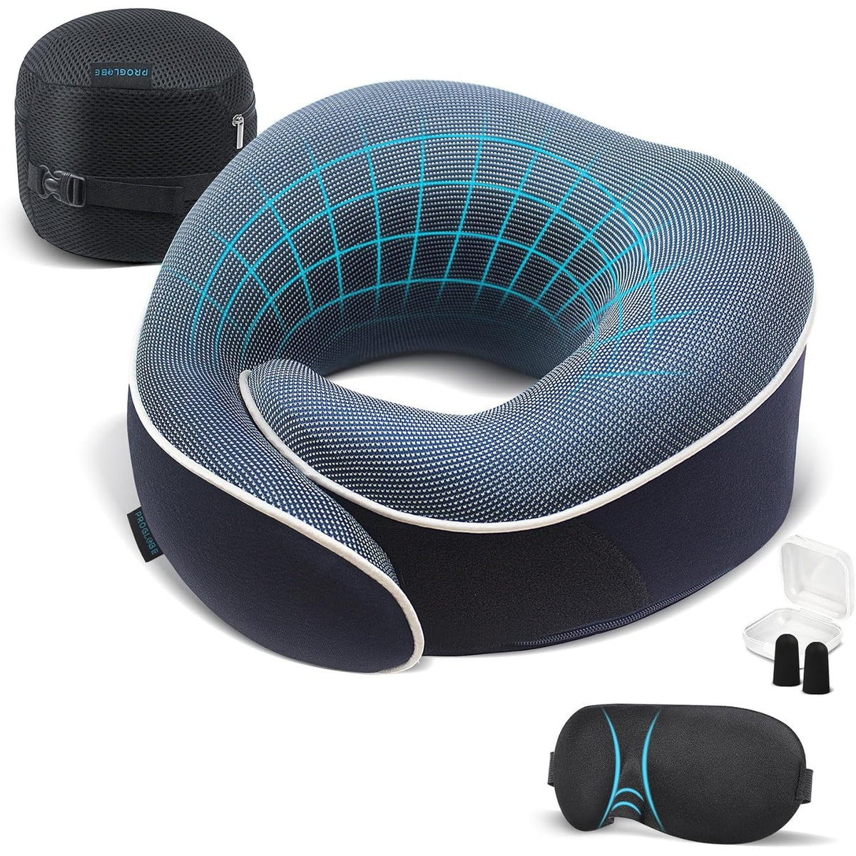 Proglobe Orthopedic Memory Foam Travel Neck Pillow Set – 360° Support Pillow with 3D Eye Mask, Earplugs & Luxury Mesh Carry Bag - Pink