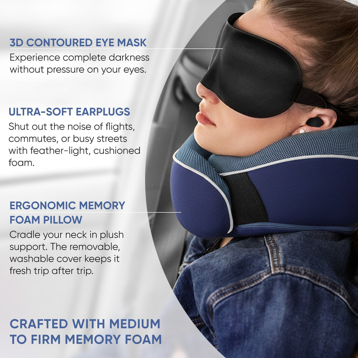 Proglobe Orthopedic Memory Foam Travel Neck Pillow Set – 360° Support Pillow with 3D Eye Mask, Earplugs & Luxury Mesh Carry Bag - Pink