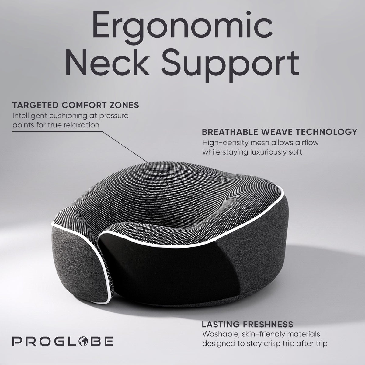 Proglobe Orthopedic Memory Foam Travel Neck Pillow Set – 360° Support Pillow with 3D Eye Mask, Earplugs & Luxury Mesh Carry Bag - Light Gray