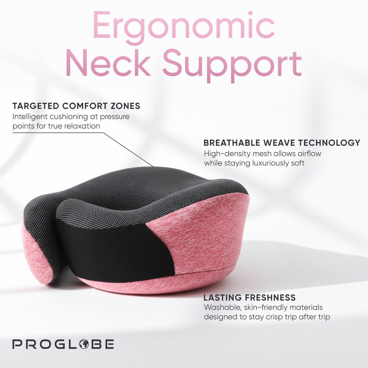 Proglobe Orthopedic Memory Foam Travel Neck Pillow Set – 360° Support Pillow with 3D Eye Mask, Earplugs & Luxury Mesh Carry Bag - Light Gray