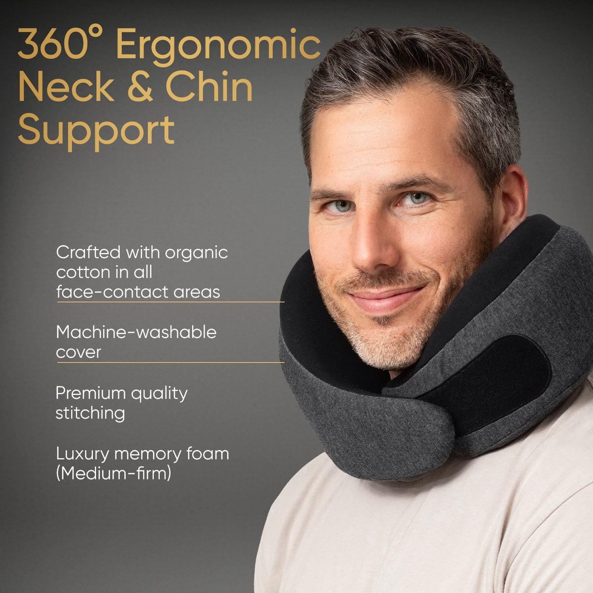 Ash Black Memory Foam Luxe Travel Neck Pillow for Airplanes – Lightweight Ergonomic Chin Support Pillow with Compression Bag for Long Flights