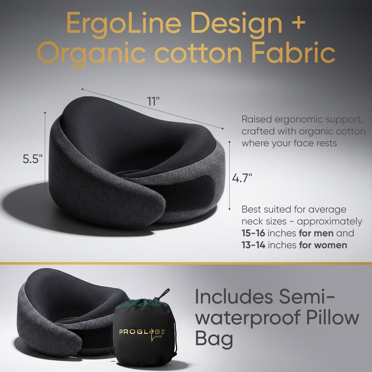 Ash Black Memory Foam Luxe Travel Neck Pillow for Airplanes – Lightweight Ergonomic Chin Support Pillow with Compression Bag for Long Flights