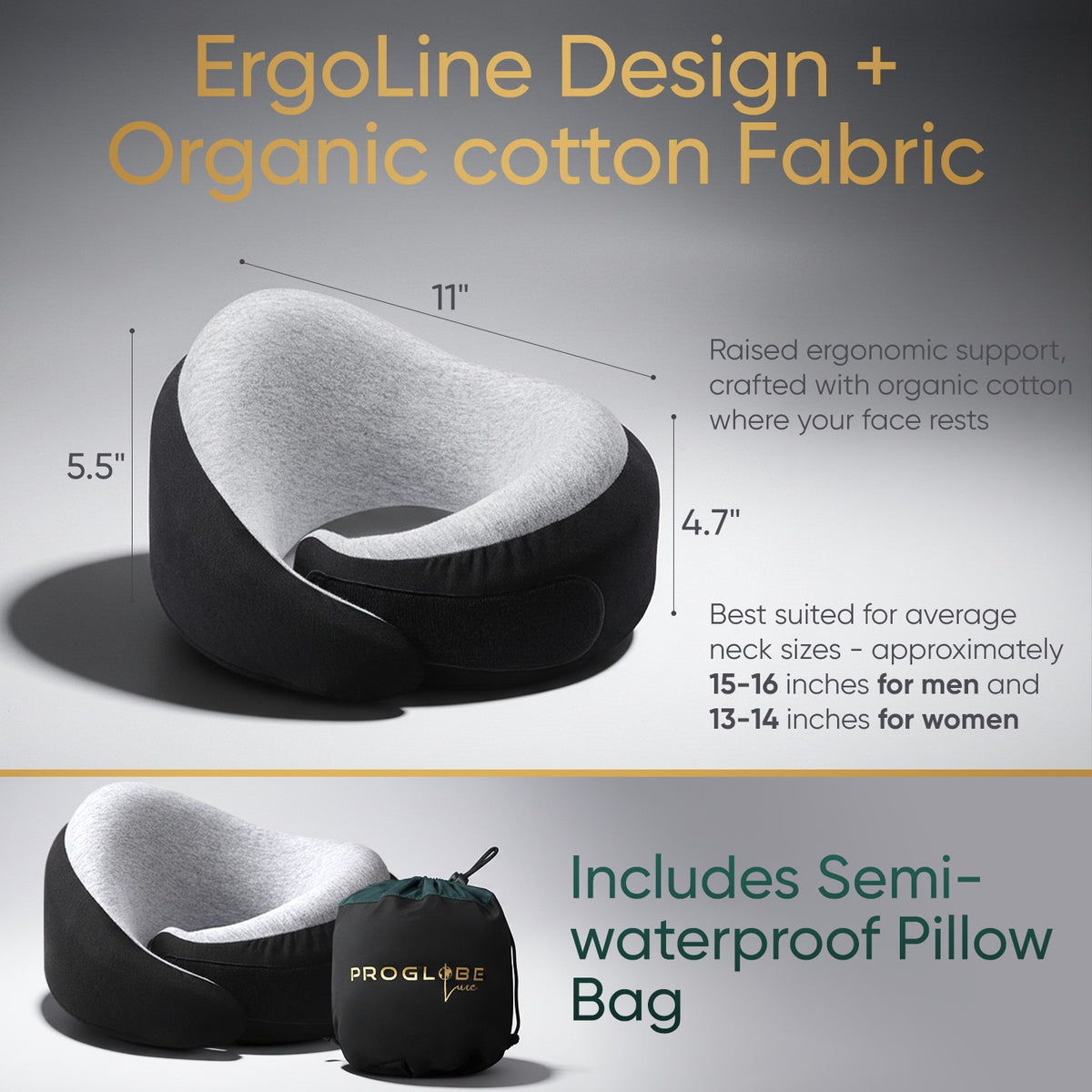 Ash Black Memory Foam Luxe Travel Neck Pillow for Airplanes – Lightweight Ergonomic Chin Support Pillow with Compression Bag for Long Flights